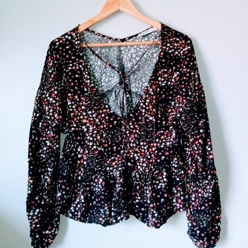 Arizona Black with Pink and White Polka Dot V Neck Crop Top with Long Sleeves
